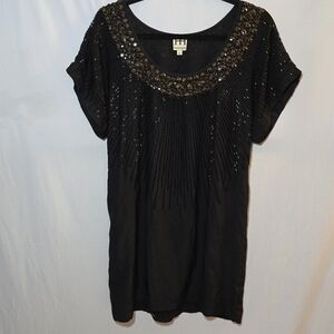Haute Hippie Black 100% Silk Beaded Sequin Embellished Tunic Mini Dress, M